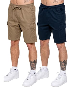 Upgrade your casual wardrobe with the Kruze Chino Cargo Shorts, designed for both comfort and functionality. Featuring a mid-rise, regular fit, these shorts offer a laid-back look. The elasticated waistband with an adjustable drawstring ensures a secure and custom fit. Equipped with two side slash pockets, two spacious cargo pockets with Velcro fastening, and two back pockets, these shorts provide ample storage for your essentials. Crafted from durable, non-stretch chino fabric, they are perfect for everyday wear. Pack of two. Beige & Navy