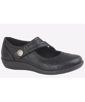 Perfect for work or casual wear, these Boulevard Calgary women's shoes are constructed in a synthetic upper in a black colourway, with intricate stitch detailing and a silver button to complement the hook and loop closure.
- Synthetic upper
- Wide fit design
- Hook and loop closure
- Padded footbed
- Durable rubber outsole