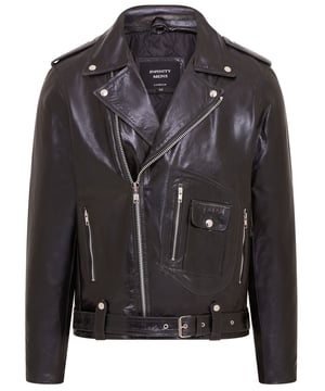 This iconic Brando-style leather jacket combines timeless design with modern functionality. Crafted from premium cowhide, it features an asymmetric YKK zip front and wide studded lapels for a classic biker look. Designed for both style and comfort, the jacket offers multiple adjustable features and practical storage options, making it a versatile addition to any wardrobe.

Premium cowhide leather in a classic Brando design
Asymmetric YKK zip closure for a stylish edge
Adjustable waist belt for a tailored fit
Zipped gauntlet cuffs for a customizable feel
Wide notch lapels with stud detailing
Multiple exterior zip and stud-fastened pockets
Integrated lining pockets for added convenience
Available in a variety of colors to suit all tastes