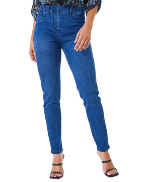 Petite Denim Stretch Jegging from Roman. The comfort of a legging with the look of a jean, these Petite jeggings feature an elasticated waistband for comfort and two back pockets for a practical edge. Functional belt loops provide extra interest while the woven stretch fabric ensures a flattering fit throughout. Dress up or down for any occasion, these jeggings are a must-have wardrobe staple!