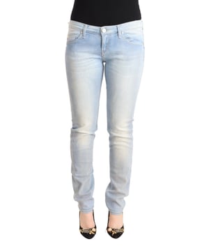 Merk: ACHT  
Staat: Nieuw met labels  
Materiaal: 98% Katoen 2% Elastaan  
Kleur: Lichtblauw  
Pasvorm: Slim  
Sluiting: Rits en knop  
Taille: Laag  
Stijl: Skinny Denim  
Logo-details  
Materiaal: 98% Katoen 2% Elastaan