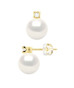 Earrings PRESTIGE -Diamonds 0,04 Cts ( 2 x 0,02 Cts - Quality HSI ) - Yellow Gold 375 and Real Cultured Freshwater Pearls Round 8-9 mm - COLOR NATURAL WHITE - Butterfly Clasp SILICON Gold Unlosable - Delivered with Certificate of Authenticity and International Guarantee - MADE IN FRANCE -