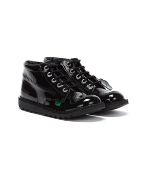 The Kickers Kick Hi Kids Shoe has been on trend since 1975.  With its trademark rubber sole, brass eyelets, and triple stitching for a great classic look.  Now With a Patent leather shiny upper and Trademark Red and Green Tab on side.  Added Kickets Fleurette with a high collar and durable sole for added support.