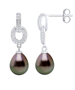 Hängeohrringe mit echten TAHITI-Zuchtperlen, 8–9 mm, mit weißen Zirkonia-Steinen, Schmetterlingsverschluss, rhodiniertes Silber 925, Lieferung mit Echtheitszertifikat und internationaler Garantie, hergestellt von unseren französischen Juwelieren