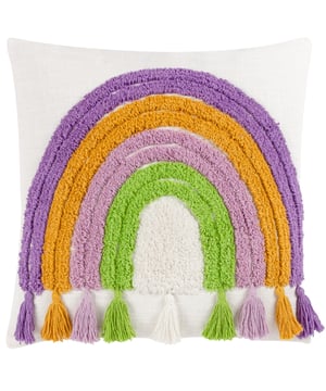 Bring extra fun and happiness to your room with the Rainbow Tassel cushion. In vibrant colours the cotton tufts creates an amazing textured rainbow shape in four different colours, which are backed onto a cotton base. Finished with a multi-coloured tasselled trim to add some extra cool. A fab way to help stamp your personality in your chill space and perfect for throwing on a chair or sofa for a funky laid back style.