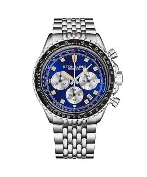 Men's Watch with Japan Chrono Movement, Silver Stainless Steel Case, Blue Dial, Black Bezel Stainless Steel beaded bracelet