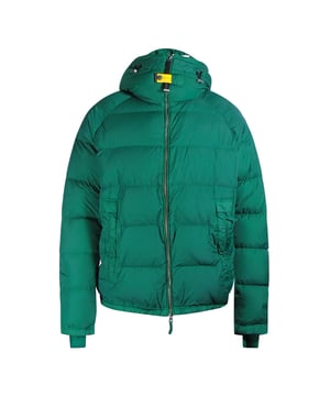 Groene parajumpers jas, twee zakken met ritssluiting aan de voorkant, PJS-patch op de linkermouw, 100% donsjack, elastische tailleband en mouwen