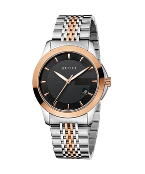 Manufacturer part number: YA1264106Brand: GucciEAN: 7319034560217Movement: QuartzBracelet color: Silver-toneWaterproofing: 50M (5ATM)Dial color: BlackBracelet material: Stainless steelDial diameter: 38mmDisplay: AnalogCase material: Stainless steelGender: Men'sStyle: LuxuryAge Group: AdultBracelet type: Two-piece strapShape: RoundCase color: Silver