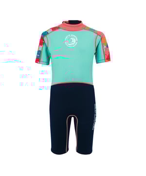 85% Neoprene, 15% Polyester. Design: Contrast Colour, Printed, Text, Tropical Leaves. Neckline: Adjustable, High Collar. Fastening: Back Zip, Pull-On. Flat Seams. Fabric Technology: Flexible, Lightweight, Quick Dry, UV Protection. Wetsuit Thickness: 2mm. Sun Rating: UPF 50+.