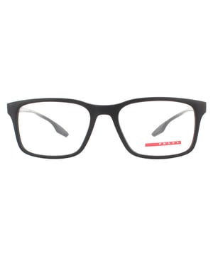 Prada Sport Glasses Frames PS01LV 1BO1O1 Matte Black Men  are a super lightweight rectangular style frame with the iconic red stripe Prada Sport logo on the temples.