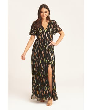 This dreamy dress is gonna steal all of the stares at that upcoming special occasion. Featuring a multi shining printed material with angel sleeve design, side slit and a v neckline wear with lace-up heels for a look we are loving.