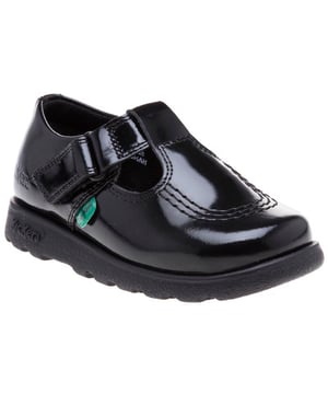 Infant Girls Kickers Fragma T-Bar Patent Shoes in Black- Hook and loop strap fastening- Shiny patent leather upper- Classic triple stitch detail- Iconic red and green logo tabs- Ridged rubber sole for traction and durability- Embossed branding to side- Leather Upper  Textile Lining  Synthetic Sole- Ref: 115178