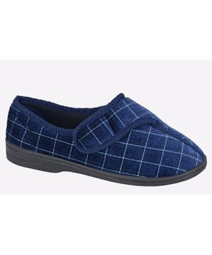 Treat your feet to comfort and support with these Zedzzz men's George slippers, presented in a navy upper with blue check detailing, a secure touch fastening closure, and a padded footbed.- Velour upper
- Touch fastening closure
- Washable
- Vulcanised Rubber Sole