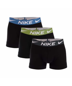 Mens Nike Dri-FIT Essential Micro 3 Pack Boxer Trunks in black.- Comprises three pairs x black boxer trunks with contrast waistbands in Star Blue  Pear and Anthracite.- Smooth  sweat-wicking microfibre.- Nike Dri-FIT technology helps you stay dry and comfortable.- Stretch material enhances your freedom of movement.- Wide hems help keep underwear in place.- Nike branding at waistband and left leg.- 92% Reprocessed polyester  8% Elastane.  Machine washable.- Ref: 0000KE1156L50We regret that underwear is non-returnable due to hygiene reasons.