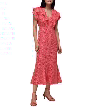 Step into style with the vibrant Wiggly Ruffled Midi Dress, perfect for day-to-evening wear. This short-sleeved number with a flattering V-neck and zip fastening offers comfort with its recycled polyester blend, making it an eco-conscious choice for any fashion-forward wardrobe.