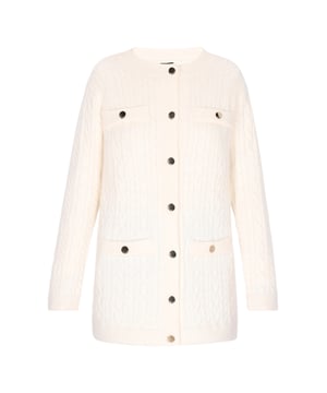 Gönnen Sie sich den luxuriösen Komfort und zeitlosen Stil dieser eleganten Strickjacke. Mit ihrer gerippten Struktur und dem Zopfmuster strahlt sie pure Raffinesse aus. Der Rundhalsausschnitt und die Knopfleiste verleihen ihr eine elegante Note, während die mit metallischen Verzierungen geschmückten Taschen einen Hauch von Glamour bieten. Abgerundet durch gerippte Bündchen und Saum für eine bequeme Passform ist diese mittellange Strickjacke perfekt, um jedem Outfit Wärme und Stil zu verleihen.  Cardigan