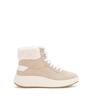 This KG Kurt Geiger Later boot features a taupe microsuede boot is an ankle boot with lace up front. There is a bone faux Borg linen around the ankle and interior. The sole is extra chunky with ridge detail.