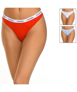 Pack-3 Calvin Klein Thongs.
 Color White-light blue-red
 Elastic rubber waistband, with the brand name consecutively embroidered.
 Inner lining.
 Seam seen to tone.

 Composition: 90% Cotton, 10% Elastane

 Washing instructions:
 - Wash maximum at 40ºC.
 - Iron at medium temperature, max. 110 ° C.
 - Does not allow to use tumble dryer.
 - Do not use bleach.
 - It does not support dry cleaning.