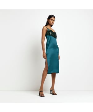 Satin fabric, Sequin embellishment, Split hem, Adjustable straps, Sleeveless, Midi length, Our model wears a UK 8 and is 175cm/5'9'' tall