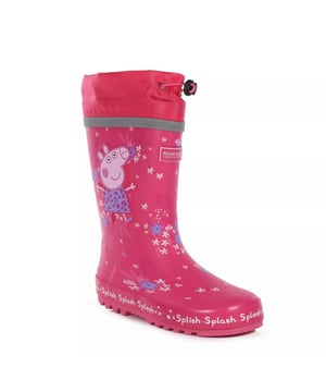90% Vulcanised Rubber, 10% Polyester. Insole: EVA. Outsole: Cleated. Integral Gaiters. Fabric Technology: Waterproof. Flat. Cut: Mid Calf. Design: Flowers, Logo, Text, Tropical. Toe Style: Round. Fastening: Drawcord, Slip-In. Characters: George Pig. Weather Resistant.