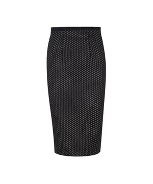 Deze bedrukte kokerrok met hoge taille is gemaakt van bedrukte Punto di Roma-stof. Met een blinde ritssluiting en een kleine split aan de achterkant. De kokerrok heeft een stretch polyester voering. De rok heeft een midi lengte en een aansluitend silhouet.