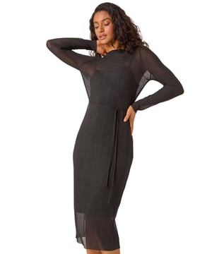 Dusk Pleated Plisse Stretch Mesh Midi Dress from Roman. Let your style shine this season in our elegant mesh midi dress. The pleated design falls at midi-length while the bodycon fit creates a flattering silhouette. Featuring a round neckline and long set-in-sleeves this dress is crafted from a woven stretch fabric for easy pull-on style. Pair with your favourite winter boots, tights, and coat for a complete Autumn look!