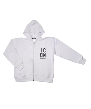 Dsquared2 jongenscapuchon met rits, ontworpen in een slouch fit die een ruime, ontspannen pasvorm biedt, ideaal voor een casual, urban stijl.

 Het ontwerp is voorzien van het kenmerkende Dsquared2-logo en het woord "ICON" op de voorkant, voor een moderne en authentieke touch.

 Gemaakt van een zachte en comfortabele stof, is dit kledingstuk perfect voor dagelijks gebruik en combineert het functionaliteit en stijl.

 De elastische manchetten en zoom zorgen voor een goede pasvorm, terwijl de losse pasvorm voor bewegingsvrijheid zorgt, waardoor het een veelzijdige en karaktervolle optie is voor elke casual outfit.
 Samenstelling: 100% Katoen; Elastiek: 95% Katoen, 5% Spandex
 Onderhoud:
- Wassen in koud water en zachtjes centrifugeren.
 - Gebruik een mild wasmiddel.
 - Vermijd drogen in de droogtrommel.
 - Strijken op lage temperatuur.