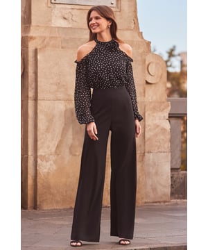 REASONS TO BUY:We've done the styling for youFloaty chiffon, blouson sleeves, ruffle trim - that top is just dreamyCorsages are so on-trendSexy cold-shoulder necklineFlattering wide-leg trousersDate? Dinner? Dancing? Add heels and it does it allInside leg to fit: Short 29" | Regular 31" | Long 33"