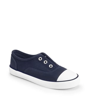 A shoe to write home about. Our Postcard navy canvas shoe has a cool laceless upper design with feature eyelets. Slip on design with elastic for easy on/off. Cushioned insoles, soft foam footbed and 100% cotton for breathability. Machine washable materials with durable soles designed for all-terrain freedom. Non-slip unit with flexible lightweight soles for natural, easy movement.