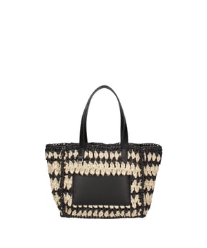 Bolso de mujer. El cierre está ausente. Los bolsillos internos son uno abierto. Los bolsillos externos son un frente abierto. La bandolera es de piel regenerada. El mango es de piel regenerada. Hay un compartimento interno. El material exterior es paja. Interiormente está forrado con paja tejida. Medidas: 32x21x14 cm. Producto de moda