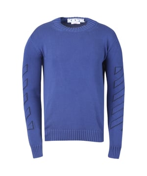 Gebroken wit gebreid blauw sweatshirt, 70% katoen, 30% polyamide, gemaakt in Italie, trui met ronde hals, lange mouwen, gebreide kleding, iconisch ontwerp op de rug, elastische nek, mouwuiteinden en onderkant