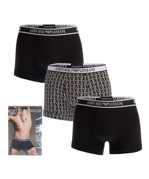 Men's Emporio Armani 3-pack trunks in black.- Trademark elastic waistband.- Stretch fabric.- 95% cotton 5% elastane.XS = 27-29inS = 30-32inM = 32-34inL = 34-36inXL = 37-39inXXL = 39-41in- Ref: 11213041735421We regret that the underwear cannot be returned for hygienic reasons.