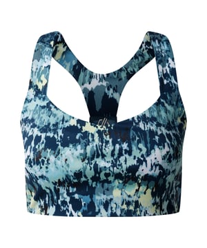Material: Elastane, Polyester, Recycled Polyamide. Fabric: Soft Touch. Design: Dash Print, Logo. Fabric Technology: Anti-Bacterial, Chemical Free, Lightweight, Moisture Wicking, Quick Dry. Back Style: Crossover. Removable Bust Pads. XS: 32 in. L: 38 in. XL: 40 in.