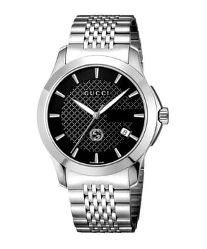 Stylish Gucci G Mens watch, has a black dial and stainless steel strap, water resistant to 50m, 38mm in diameter