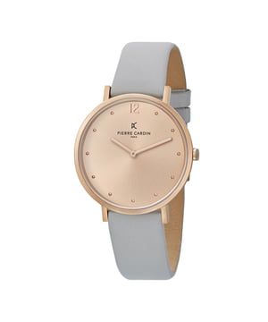 This Pierre Cardin Belleville Simplicity Analogue Watch for Women is the perfect timepiece to wear or to gift. It's Rose Gold 39 mm Round case combined with the comfortable Grey Leather watch band will ensure you enjoy this stunning timepiece without any compromise. Operated by a high quality Quartz movement and water resistant to 3 bars, your watch will keep ticking. Classic and charming  watch perfect for every occasion High quality 21 cm length and  18 mm width Grey Leather strap with a Buckle Case diameter: 39 mm,case thickness: 5.8 mm, case colour: Rose Gold and dial colour: Rose gold