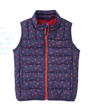 A lightweight gilet. This features an all-over heart design with two roomy pockets and quilted padding for ultimate comfort. The final layer for when adventure calls.