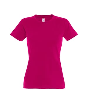 Taped back neck. Rib neckline. Side seams. Twin needle sleeves and hem. Fabric weight: 190 gsm. Material: 100% ringspun semi-combed cotton. Slim fit. Ladies size: S(8/10), M(10/12), L(12/14), XL(14/16), XXL(16/18).