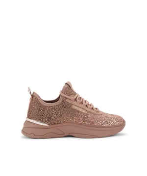 This Carvela Swift Jewel Runner trainer features a blush fabric upper with pink crystal embellishment. The front laces up with gold foil branding on the tongue and eyestay.