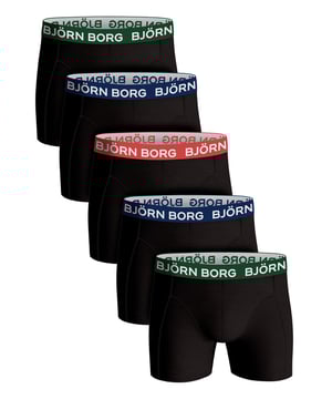 Björn Borg - Men’s 5 Pack Luxury Cotton Stretch BoxersIf you're looking to add a touch of luxury to your daily routine, look no further than these Björn Borg Men's Boxers. Made from soft cotton fibres, these boxers are the perfect everyday essential. The cotton blend is engineered to be as comfortable as it is durable, so you can wear them time and time again without worrying about fading or sagging. The soft elastic waistband gives you a secure fit and the mid-rise design means they're perfect for everyday wear.They have a comfort stretch fit and great value for money, so you can feel good about investing in yourself. The stretch fabric is designed to provide a snug fit that helps prevent any chafing or irritation.These boxers are perfect for both work and play, making them an ideal choice for topping up that underwear drawer. They come in 4 different colour/style options which are: All Black, Black & White Waistband, Solid Colours & Coloured Waistband.These boxers are made from: 95% Cotton, 5% Elastane and come in 4 sizes: Small, Medium, Large & X-Large. They come in 5 pairs per pack, making them great value for money and they are Machine Washable.Extra Product DetailsBjörn Borg Men’s BoxersSoft Cotton Fibres5 Pairs Per PackComfort Stretch FItGreat Value For MoneyMedium Leg LengthMid Waist RiseSoft Elasticated WaistbandAn Everyday Essential4 Colour Options95% Cotton 5% ElastaneAvailable in: S, M, L & XLMachine Washable