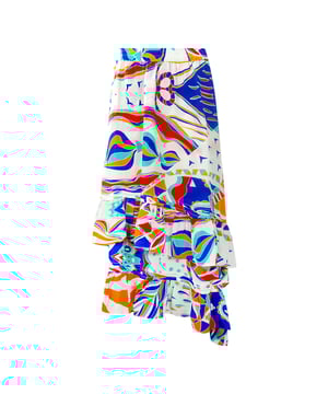 Inoa ungleicher Saum Rock Weiß Muti Colour Print Ruffle Skirt. Zeigen Sie Ihren Stil mit dem weißen Inoa Rock. Sein klassischer, unregelmäßiger Stil und der schmeichelhafte Print machen ihn zu einem zeitlosen Stück für Ihre Garderobe. Aus luxuriösem Stoff gefertigt, werden Sie mit jedem Tragen ein Statement setzen. Setzen Sie ein stilvolles Zeichen!. 100% Seide, mehrfarbiges Design. Ungleichmäßiges Rüschendesign, Gummizug in der Taille. Dieser Rock ist für die Größen UK 8- UK 10 geeignet. Produktstil: Ungleichmäßiger Rocksaum