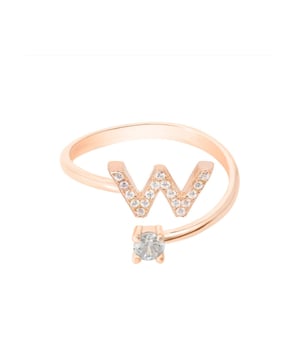 Design:This simple but beautifully styled initial letter ring is perfect for those who covet delicate jewellery with a hint of sparkle offering a sophisticated finishing touch to any outfit.Pretty and petite, this initial ring features an open band, which allows for slight adjustability with sizing. The opening is designed to be on top of your finger, where your zircon adorned monogram is on one side and a single larger cubic zirconia resides on the other.What can be more personal than a name? Give this initial ring as the perfect personalised birthday gift.This ring is made as an average size 6 (M) with a small amount of flexibility, that can easily be squeezed or opened very gently, to allow for a better fit.This ring looks great stacked with other rings.  Materials:Handcrafted using 925 sterling silver, dipped in 22ct rose gold. White cubic zirconia.Style Notes:Personalised birthday gift ideas. Bridesmaid gifts. Simple everyday styling.Dimensions:One size only (average size 6 (M) with slight flexibility)Packaging:This item is presented in a Latelita London signature jewellery box.Care Instructions:To maintain your jewellery, wipe gently with a damp cloth that is soft and clean. Do not soak in water. Avoid contact with soaps, detergents, perfume or hair spray.