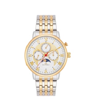 This elegant men's watch from the Rhodenwald & Sons manufacture is reminiscent of the design of legendary chronograph icons and is a real collector's item as a limited edition with 999 copies. The functions date, weekday and month form in the tricompax arrangement to 9-12-3 and are supplemented by a moon phase display. Other eye-catchers are the multi-layer dial, striking Roman digits and a bicolor structure bracelet with partial yellow gilding. The housing is made of robust stainless steel and also coated with yellow gold. A stylish companion to a suit as well as to jeans!