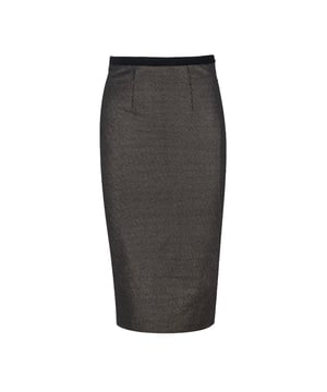 Esta falda lápiz midi de cintura alta está confeccionada en tejido estampado Punto di Roma de color negro. Tiene una cinturilla de 3 cm. Hay una abertura de 21 cm en la parte posterior y está completamente forrada. La falda tiene una silueta ajustada.