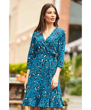 REASONS TO BUY: 

Strut your way into the new season (or the bar)
Yes, you do need blue leopard print
Failsafe flattering wrap front 
Ruffle hem – perfect for twirling 
Style it with suede knee-highs
Going out-out? Add strappy heels