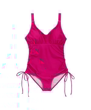 85% Polyester, 15% Elastane. Fabric: Stretch. Design: Plain. 200gsm. Fastening: Pull Over. Neckline: Sweetheart. Adjustable Strap, Drawstring Side, Elasticated Under-Bust Band, Gathered Side, Non-Wired Padded Cups, Tummy Control, UPF 50+. Fabric Technology: Durable, UV Protection.