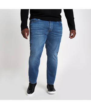 > Brand: River Island > Department: Men > Material: Cotton Blend > Material Composition: 99% Cotton 1% Elastane > Type: Jeans > Style: Tapered > Size Type: Big & Tall > Fit: Slim > Occasion: Casual > Season: AW17 > Pattern: No Pattern > Closure: Button > Fabric Wash: Medium