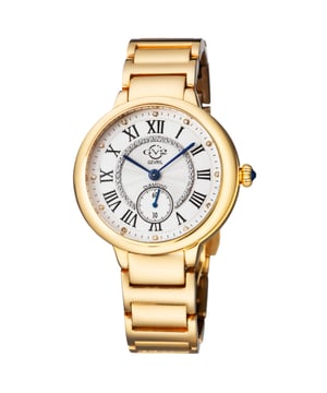 La Colección Roma de GV2 captura la renombrada belleza de la ciudad homónima a través de una serie de relojes clásicos y sofisticados. La excelencia de cuarzo suizo y un auténtico y artístico diseño italiano se combinan para crear una ilustre colección de relojes distintivos. El elegante bisel rodea una esfera blanca brillante, incrustada con 12 diamantes, destacada con icónicos números romanos. Una piedra azul cabujón realza el interior de la corona estriada de empuje y tracción. Acentúa las muñecas con una delicada y estilizada pulsera de oro y acero inoxidable con hebilla de despliegue. La Colección Roma de GV2 equilibra elegantemente la herencia con un diseño vanguardista y moderno.

Reloj GV2 12202B Mujer Roma Diamond Swiss Quartz

Reloj suizo GV2 de la Colección Roma
Caja de 36 mm de oro amarillo IP / Corona estriada de empuje y tracción con piedra cabujón azul
12 diamantes resplandecientes en una esfera blanca brillante
Pulsera de oro amarillo IP con hebilla de despliegue
Cristal de zafiro antirreflectante
Resistente al agua hasta 30 metros / 3ATM
Movimiento de cuarzo suizo Ronda 1069