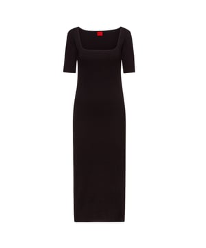 Womens HUGO Nirale Dress in blackA short-sleeved dress in a figure-hugging style by HUGO Womenswear. Featuring a square neckline and side slits for a modern look  this dress is made from super stretchy material with a ribbed structure. A HUGO logo is printed on the back.- Midi length bodycon dress- Wide square neck - Side slit - HUGO logo print on neck- Fitted cut.- 91% Cotton  9% Elastane- Ref: 50470534-001