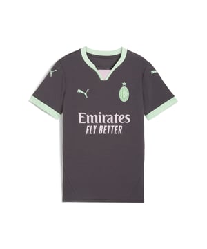 PRODUCT STORY: In the 24/25 Third Kit, a neutral base color lights up in bold accents  including monochromatic version of the club crest  to express the inherent Milanese style in a way thats both new and distinctly Rossonero, even in the absence of Rosso or Nero. Welcome to Milan(ismo). FEATURES & BENEFITS: dryCELL: Performance technology designed to wick moisture from the body and keep you free of sweat during exercise; As part of the RE:FIBRE program, this garment is made of at least 95% recycled material from textile waste and other used materials. DETAILS: Regular fit; 170 gsm, Jacquard; Crew neck; Short sleeves; Official team branding; PUMA Youth: Recommended for older kids between 8 and 16 years.