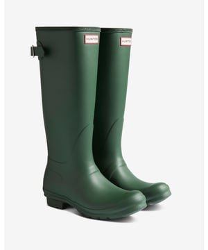 Dames groene Hunter originele verstelbare laarzen met achterkant, gemaakt van rubber en een rubberen zool. Met: volledig waterdicht, merkgebonden verstelbare sluiting en rubberen buitenzool.
